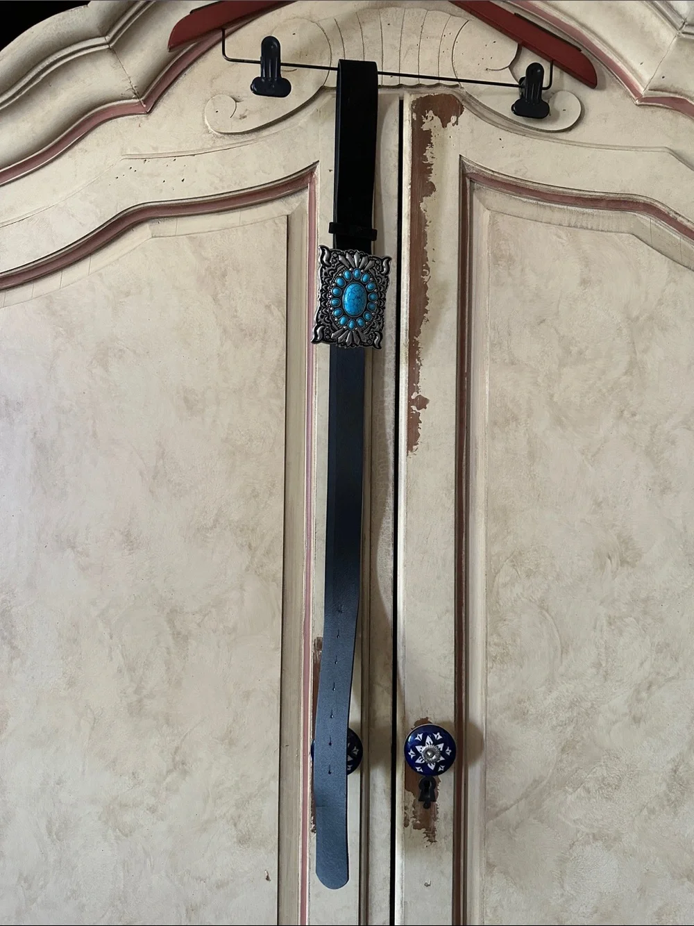 Black Faux Leather Belt with Turquoise colored Accent Buckle